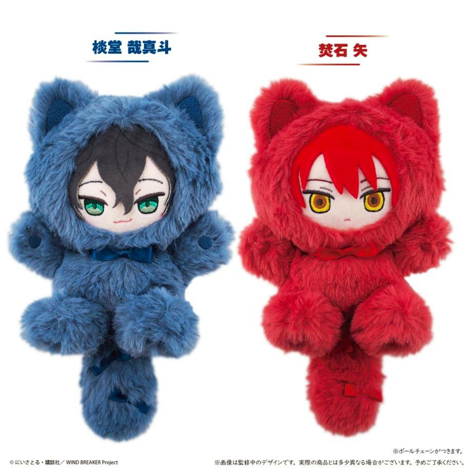 Two plush toys from WIND BREAKER たぴにゃんこ Vol.5, one blue and one red, shown side by side.