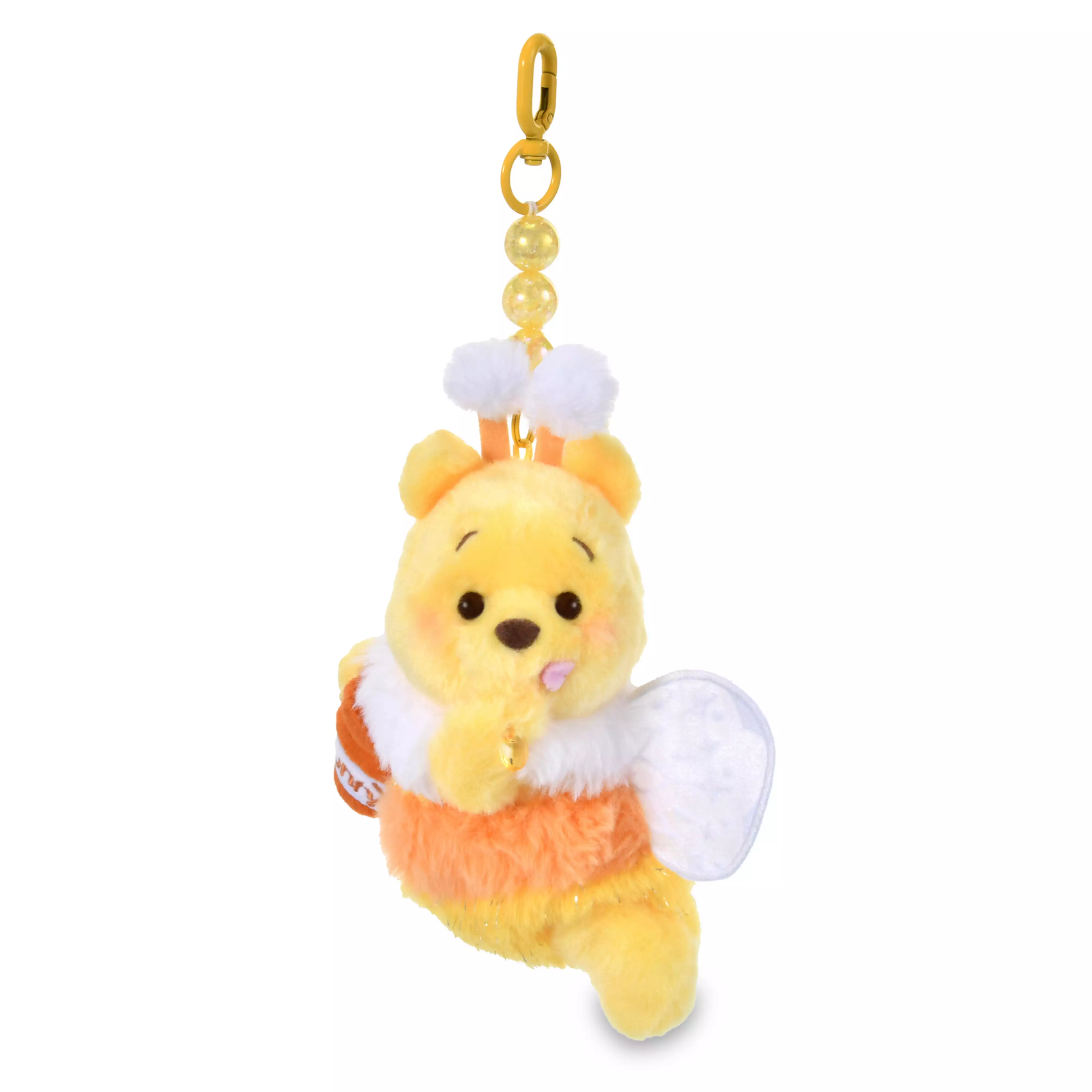 A fairy-themed Winnie the Pooh plush keychain with wings, beads, and a gold clasp.