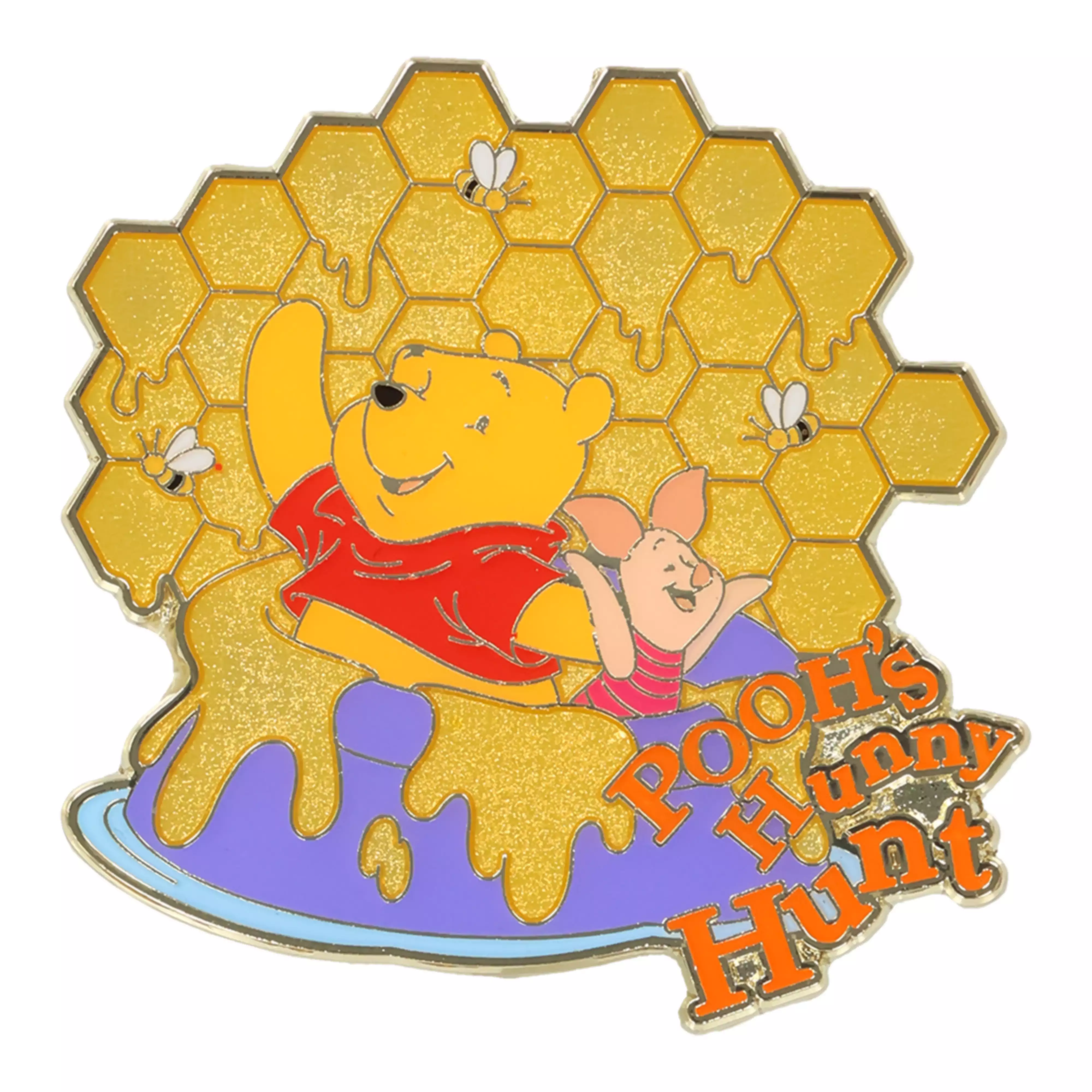 Pin badge showing Winnie the Pooh and Piglet with dripping honey, a honeycomb background, and the text "Pooh's Hunny Hunt".