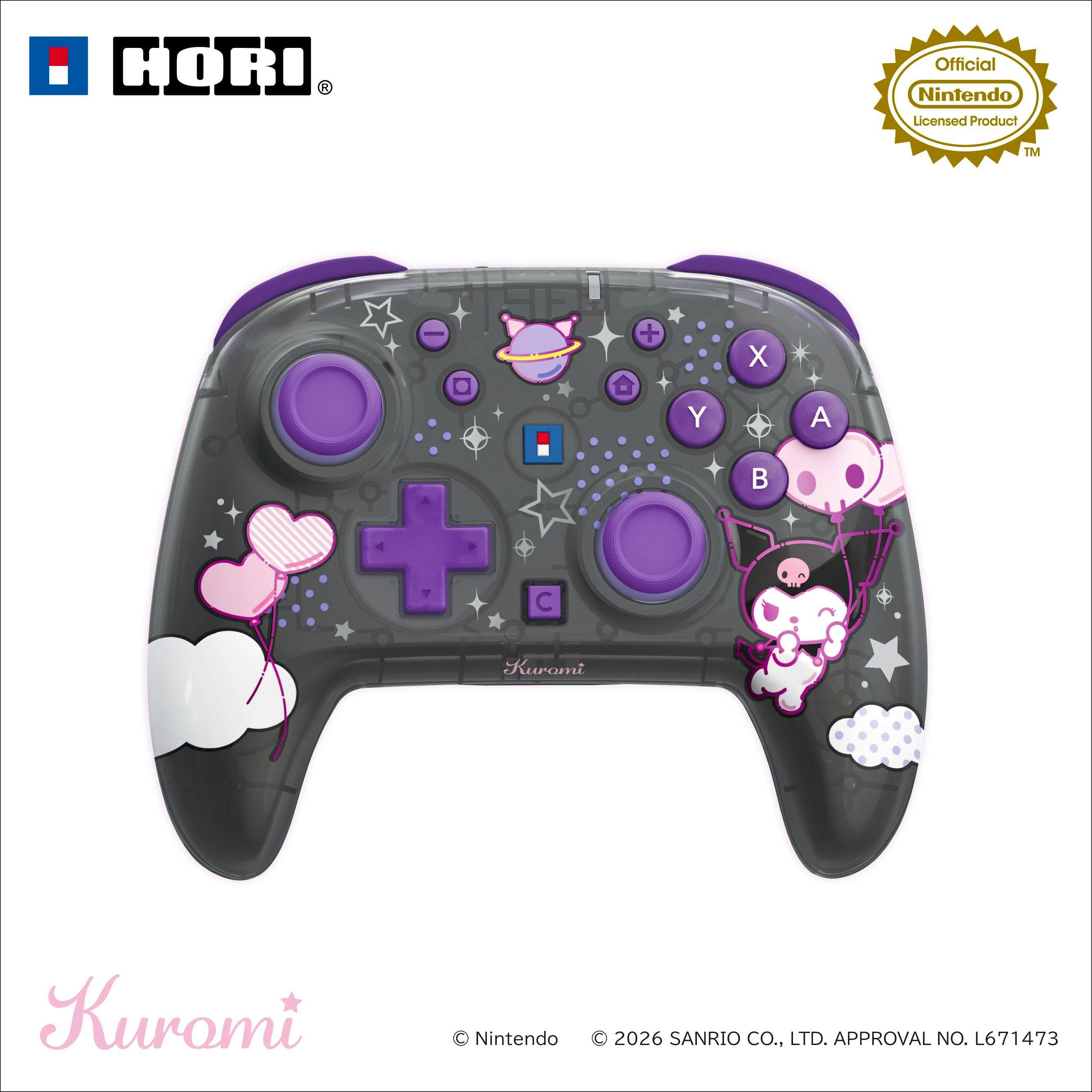Close-up front view of the Kuromi-themed wireless TURBO controller for Nintendo Switch2 showing purple buttons and Kuromi character artwork.