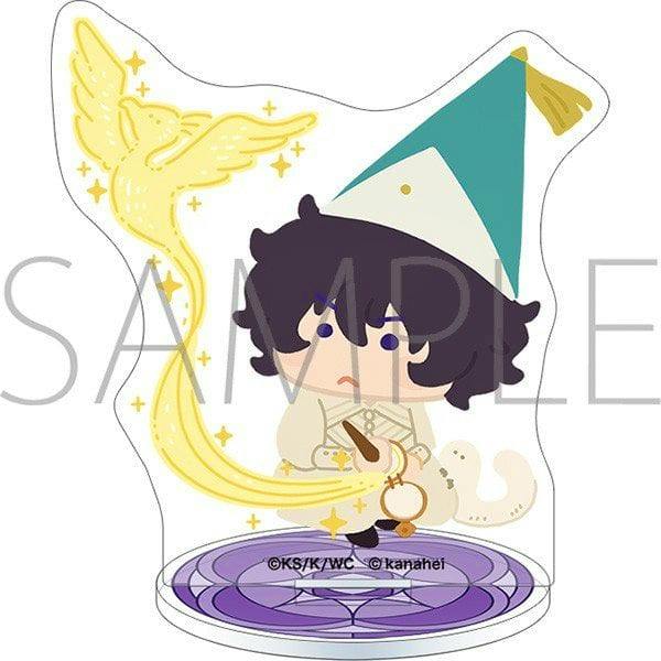 Mockup of the acrylic mini stand showing a chibi character wearing a pointy hat with a yellow bird-like magic effect and a purple circular base.