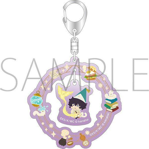 Purple acrylic keychain showing a central chibi character with a pointed hat inside a decorative circular frame, attached to a metal clasp.