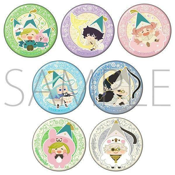 Seven round illustrated can badges from a character badge collection, arranged in rows showing seven different designs.
