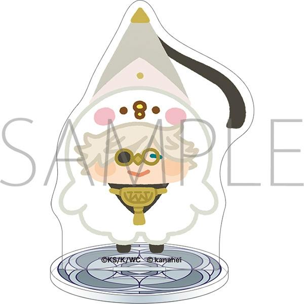 Front mockup image of the mini acrylic stand featuring the character キーフリー in a white hooded costume standing on a circular base.