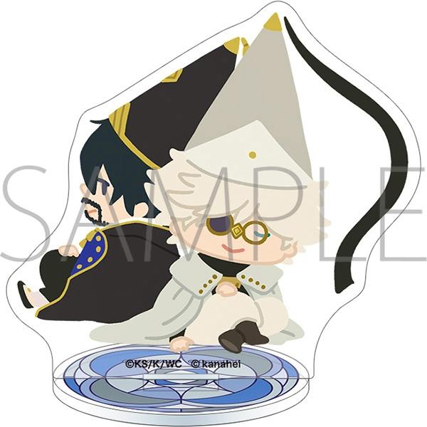Mini acrylic stand featuring chibi illustrations of two collaboration characters seated on a circular decorative base.