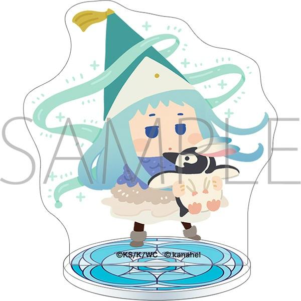 Illustrated mockup of the mini acrylic stand showing the character リチェ holding a small animal on a round patterned base with a 'SAMPLE' watermark.