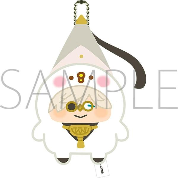Product illustration of the plush mascot keychain showing a character in a pointed-hood costume with a top ball chain and a large "SAMPLE" watermark.