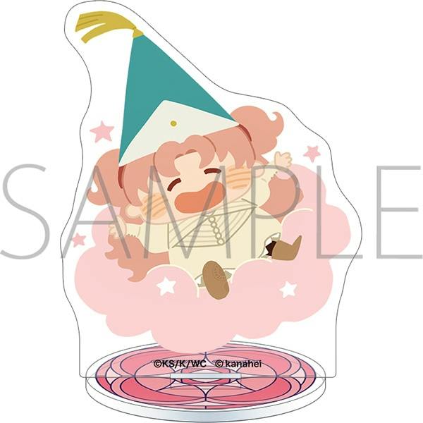 Illustration mockup of a mini acrylic stand showing Tetia from とんがり帽子のアトリエ sitting on a pink cloud with a circular patterned base and a 'SAMPLE' watermark.