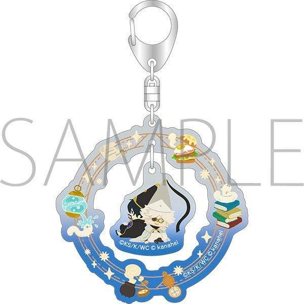 Sample image of the acrylic keychain featuring Keyfree and Orugio characters inside a blue circular decorative frame with a metal clasp.
