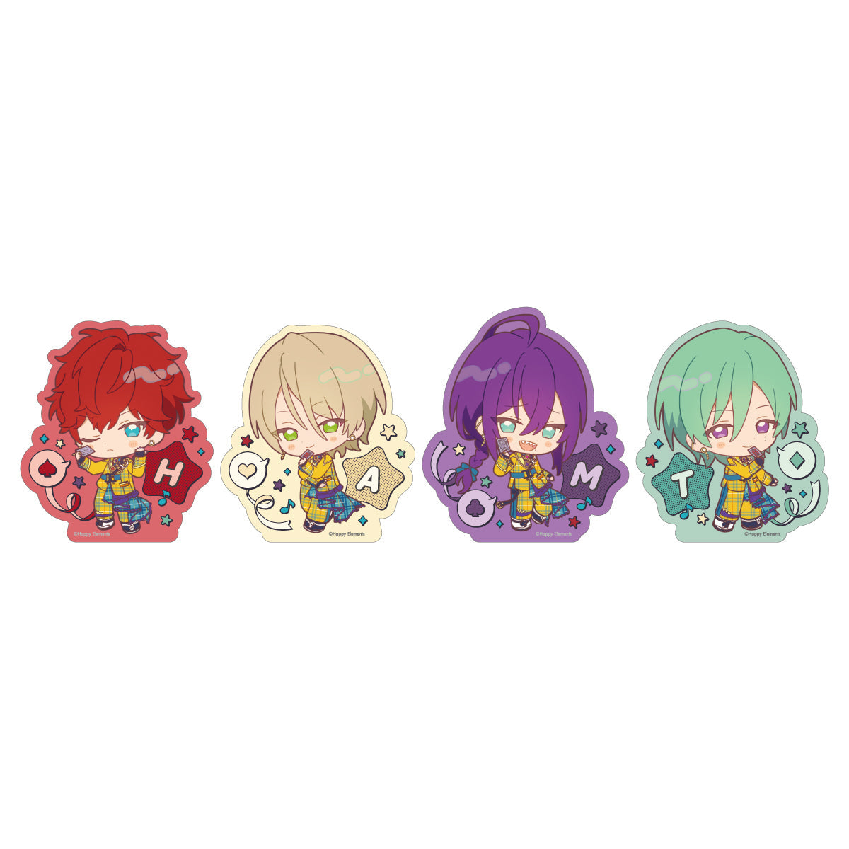 Four chibi-style paper stickers from the "With ThanX" sticker set depicting four characters with red, blond, purple, and green color themes.