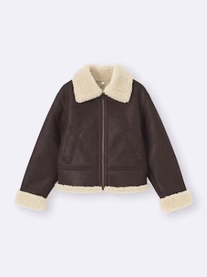 A women's synthetic leather flight jacket with cream shearling collar and cuffs on a white background.