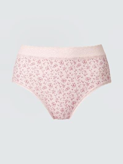 Pink floral cotton women's just-waist shorts laid flat on a light background.