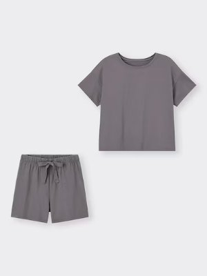 Women's cotton short-sleeve top and matching shorts lounge set in gray laid flat on a white background.