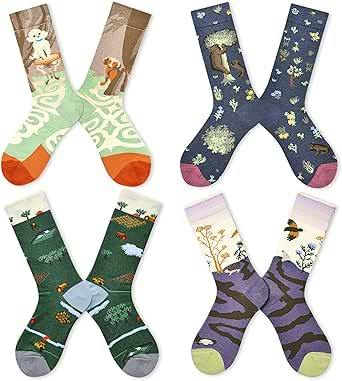 Four pairs of women's high-crew socks with colorful floral and nature-themed patterns on a white background.