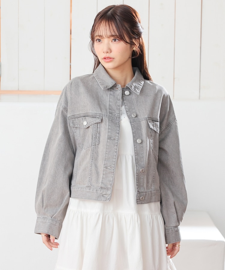 Woman modeling a short-length women's jacket (cotton) in light gray, front view.