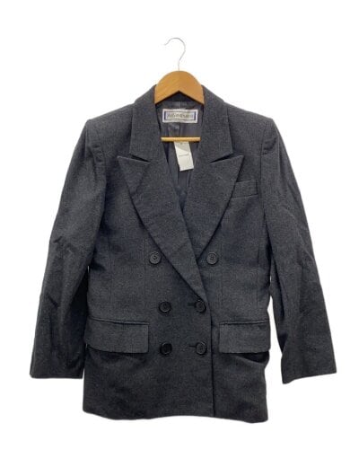 Front view of a gray women's wool jacket on a hanger against a white background.