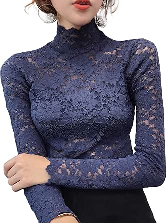 Model wearing a navy lace high-neck long-sleeve sheer women's inner blouse.
