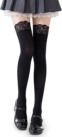 A model's legs wearing black knee-high socks with lace trim, a short skirt, and black strap shoes.