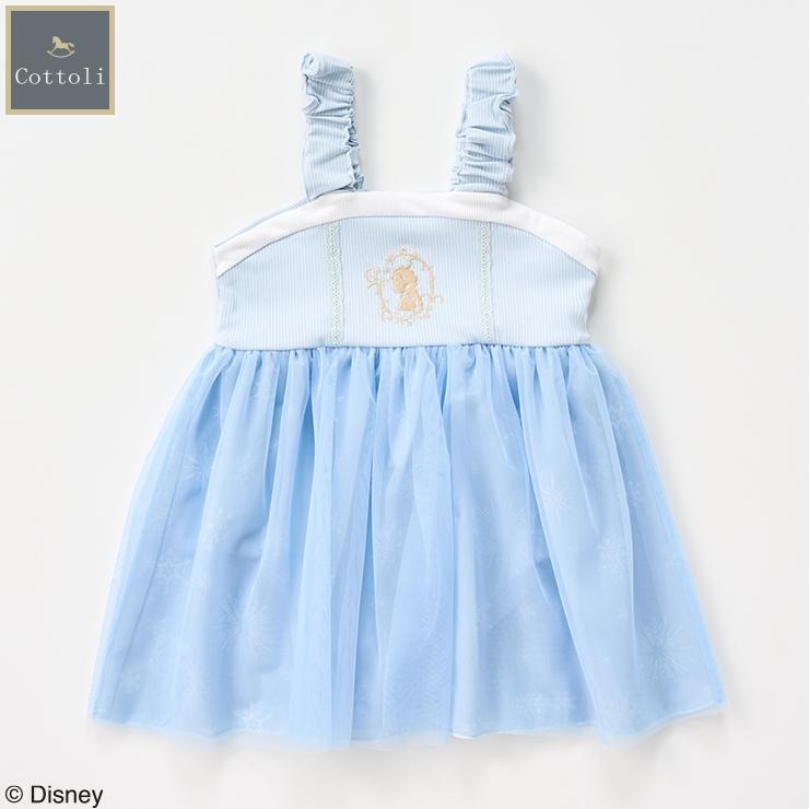 Light blue girl's swim dress with ruched shoulder straps and a gathered skirt shown on a white background.