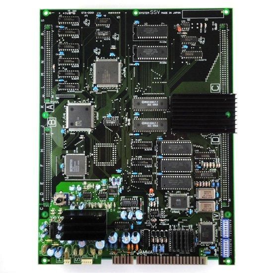Top-down photograph of the SSV motherboard showing integrated circuits, heatsinks, capacitors, and edge connector.