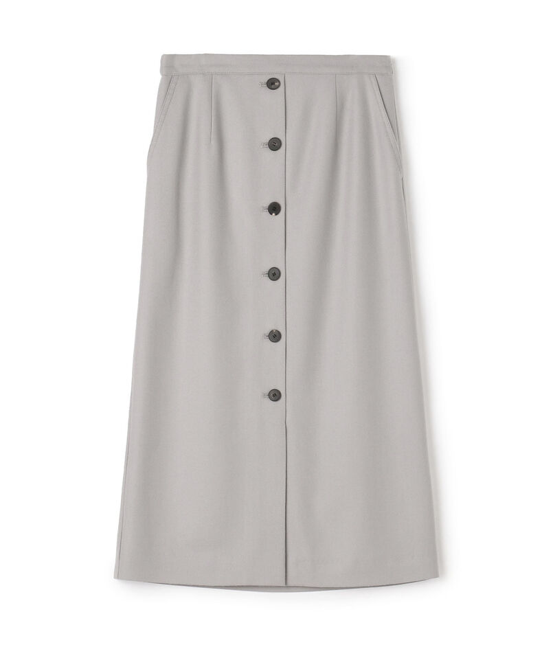 Front view of a women's wool straight skirt with a center button-down front in light gray.