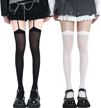 Two models wearing black and white women's over-knee (thigh-high) socks paired with short skirts and shoes.