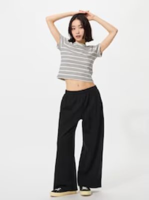 A model wearing the women's black wide sweatpants shown full-length.