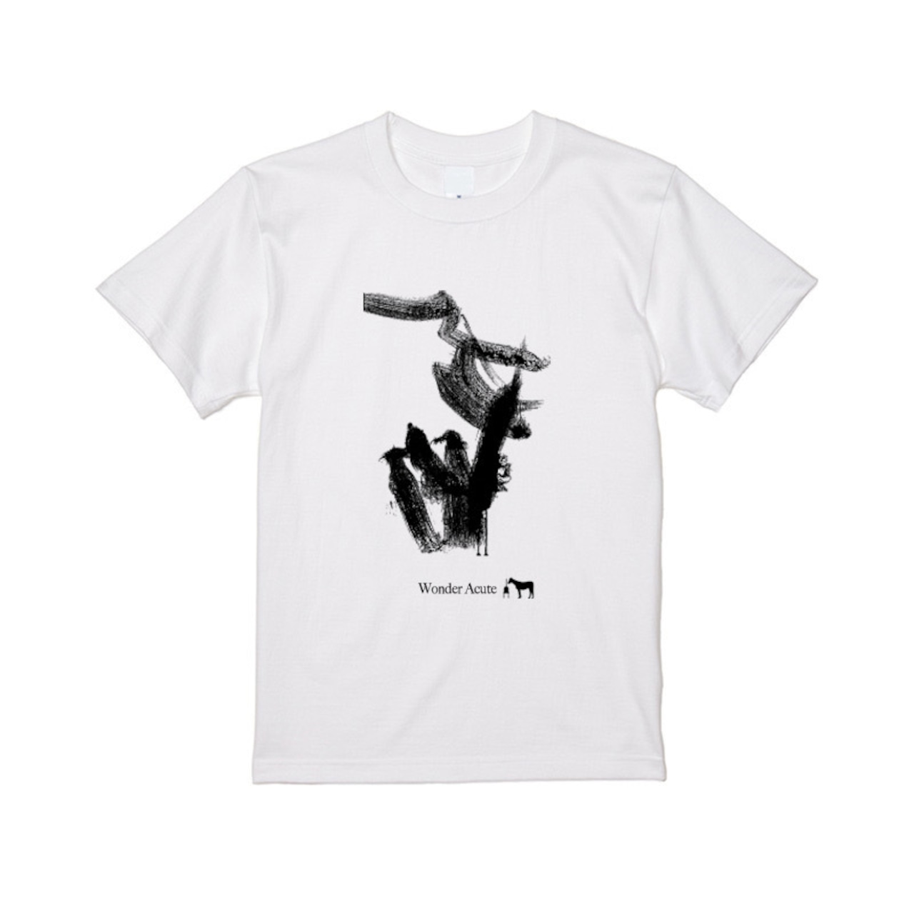 White cotton T-shirt showing black Kakizome calligraphy and a small "Wonder Acute" logo on the front.