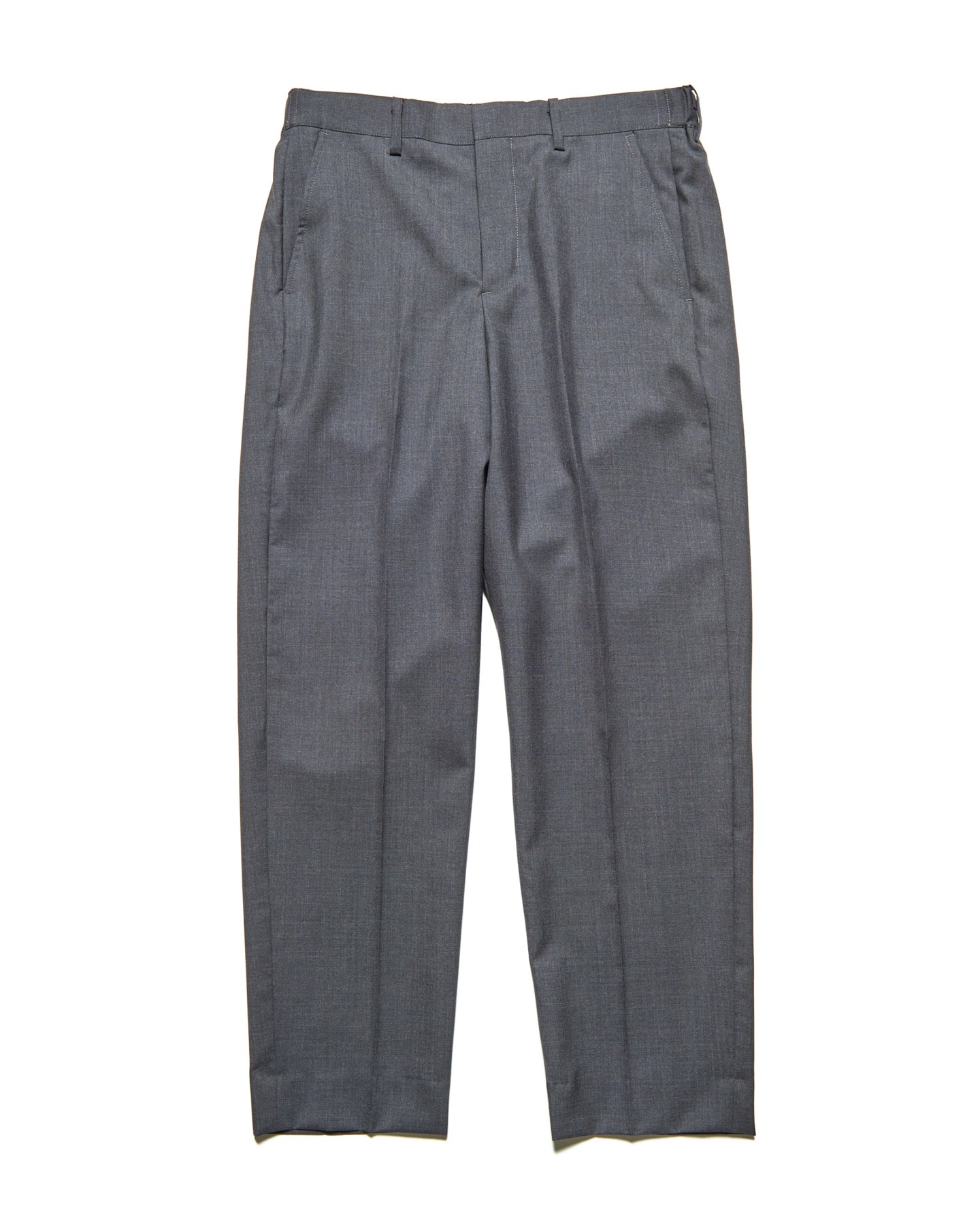 Front view of gray wool slim-fit slacks laid flat on a white background.