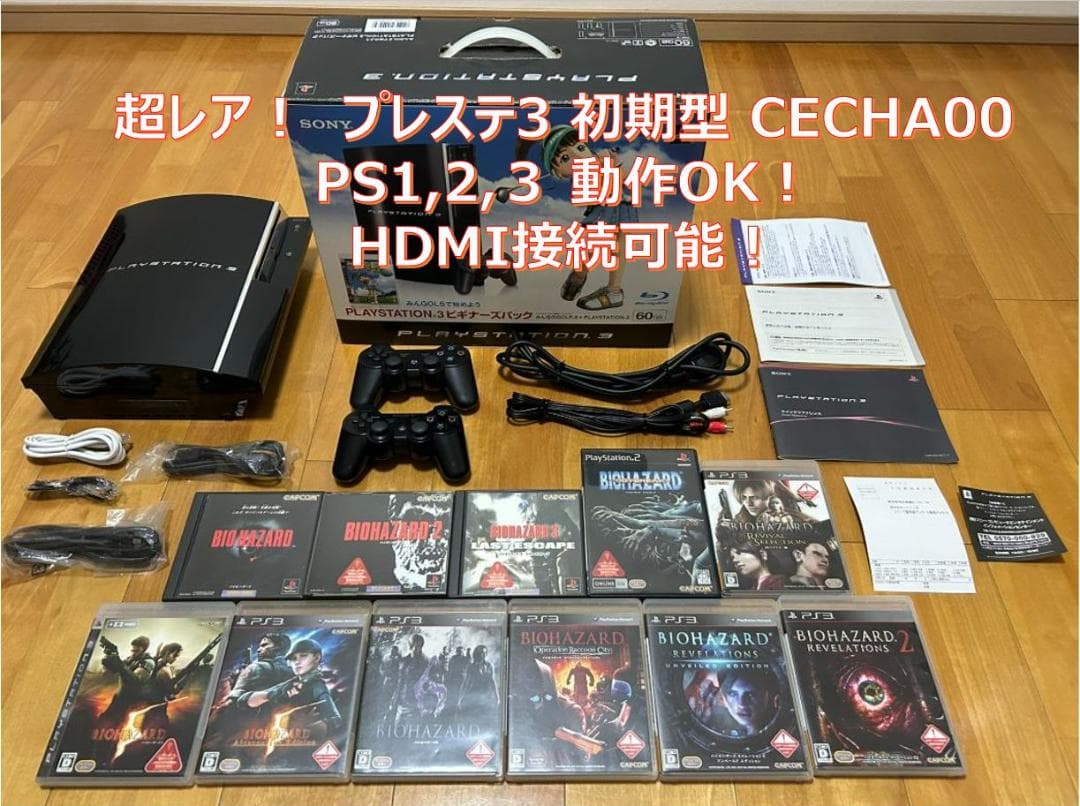 Initial-model PS3 console (CECHA00) with two controllers, cables, the original box, and multiple PlayStation game cases arranged on the floor.