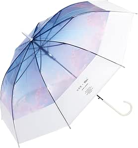 A sky-blue and pink vinyl long umbrella with a white curved handle and visible ribs, photographed open.