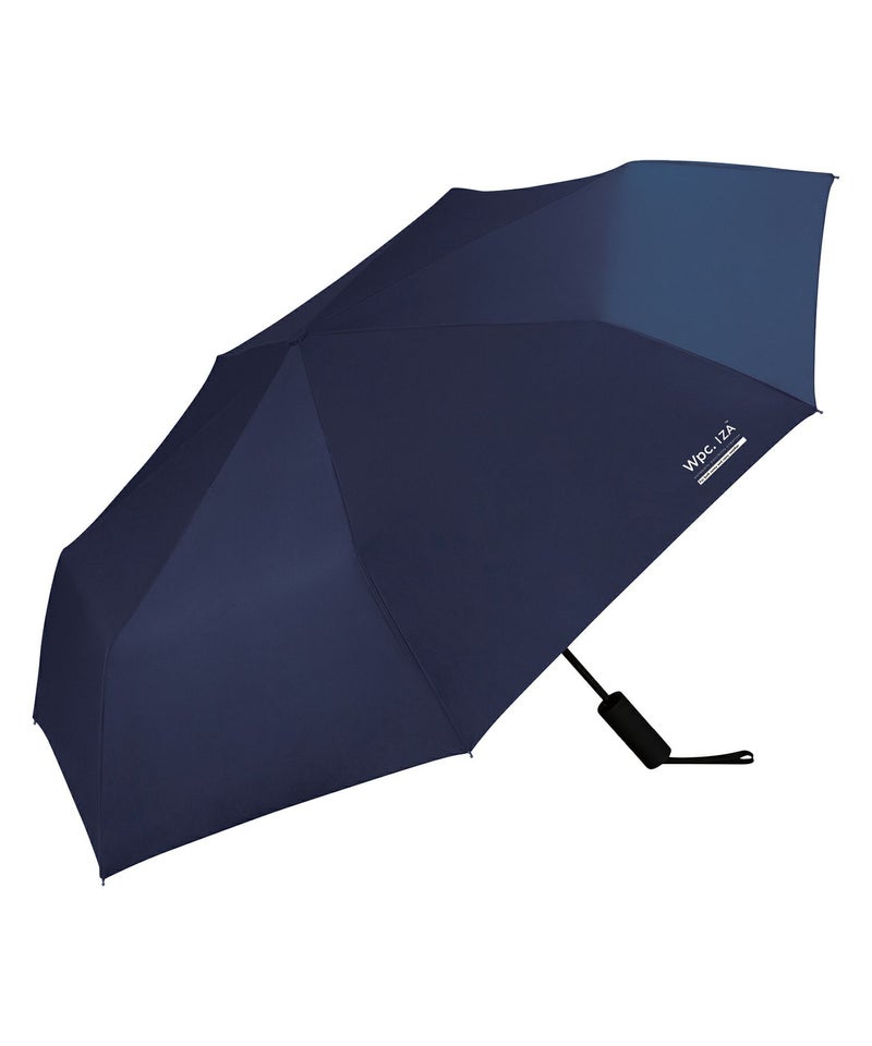 Open navy automatic folding umbrella showing the canopy, short handle, and the "Wpc. IZA" logo.
