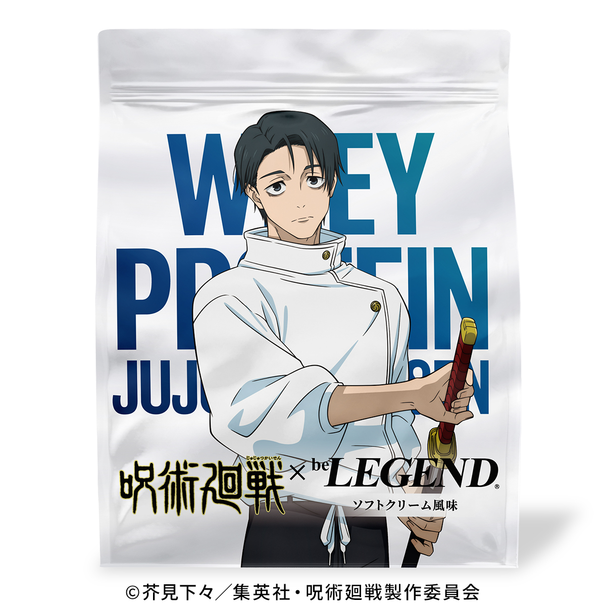 Front of a whey protein powder pouch showing Jujutsu Kaisen character artwork and branding.