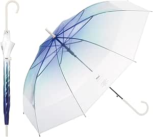 Open vinyl long umbrella with a blue-to-clear gradient canopy and a white curved handle, shown alongside a closed matching umbrella.