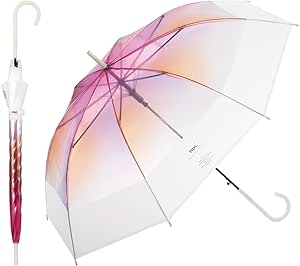Clear vinyl long umbrella with a pink cut-off gradient canopy and a white hooked handle.