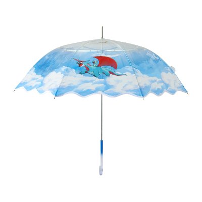 Clear vinyl umbrella with a sky-and-cloud print and a flying dragon illustration.