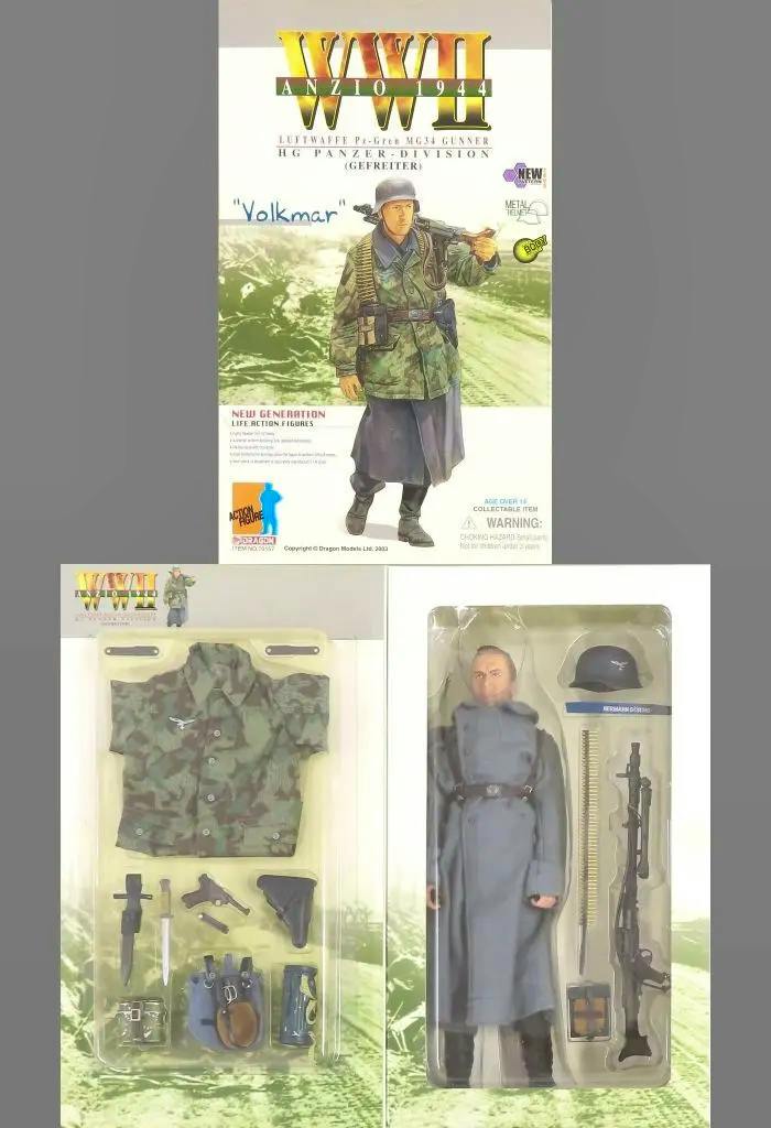 WWII 1/6 action figure in blister packaging with accessories shown alongside the illustrated product box art.
