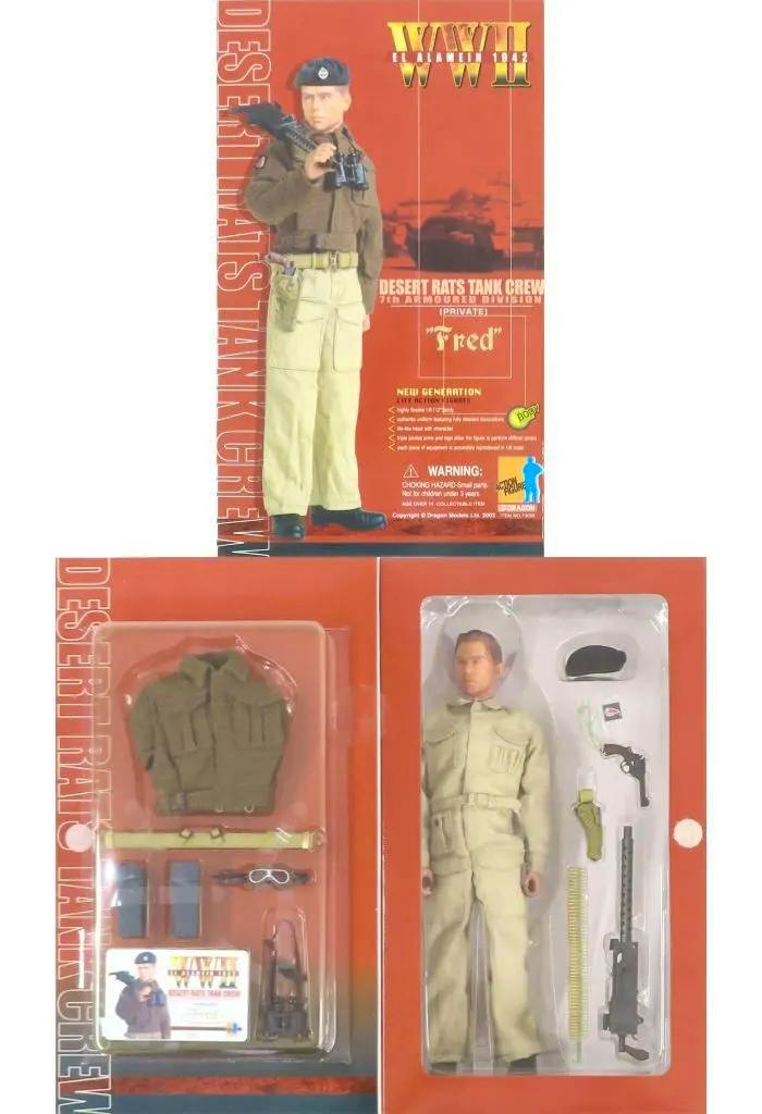 Packaged 1/6 WWII El Alamein 1942 Desert Rats tank crew action figure ('Fred') with clothing and weapon accessories visible in blister pack.
