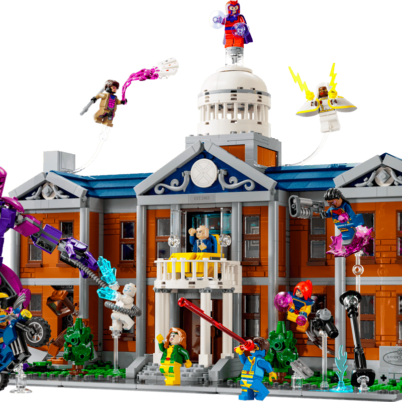 Front view of the X‑Mansion brick toy set with multiple minifigures posed around the building.
