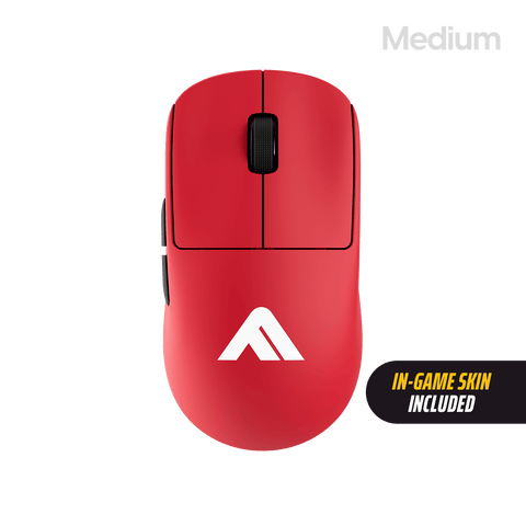 Top-down view of a red medium gaming mouse showing its left and right buttons, scroll wheel, and a white logo on a black background.