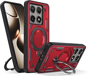Red Xiaomi 14T Pro phone case shown front and back with a circular ring kickstand, raised camera protection, and black bumper edges.