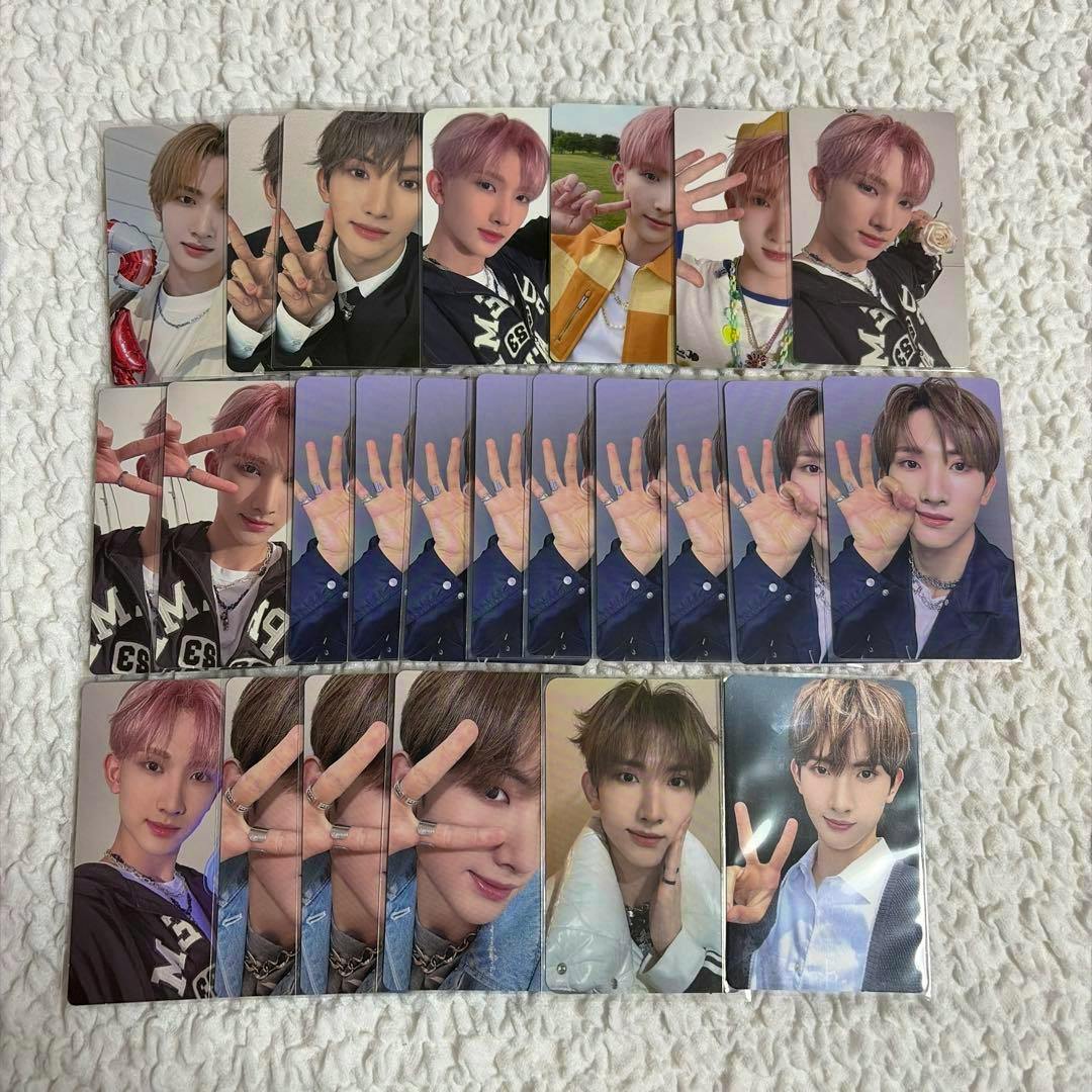 Multiple photocards arranged in rows on a white textured surface, showing portrait-style images of the photocard subjects.