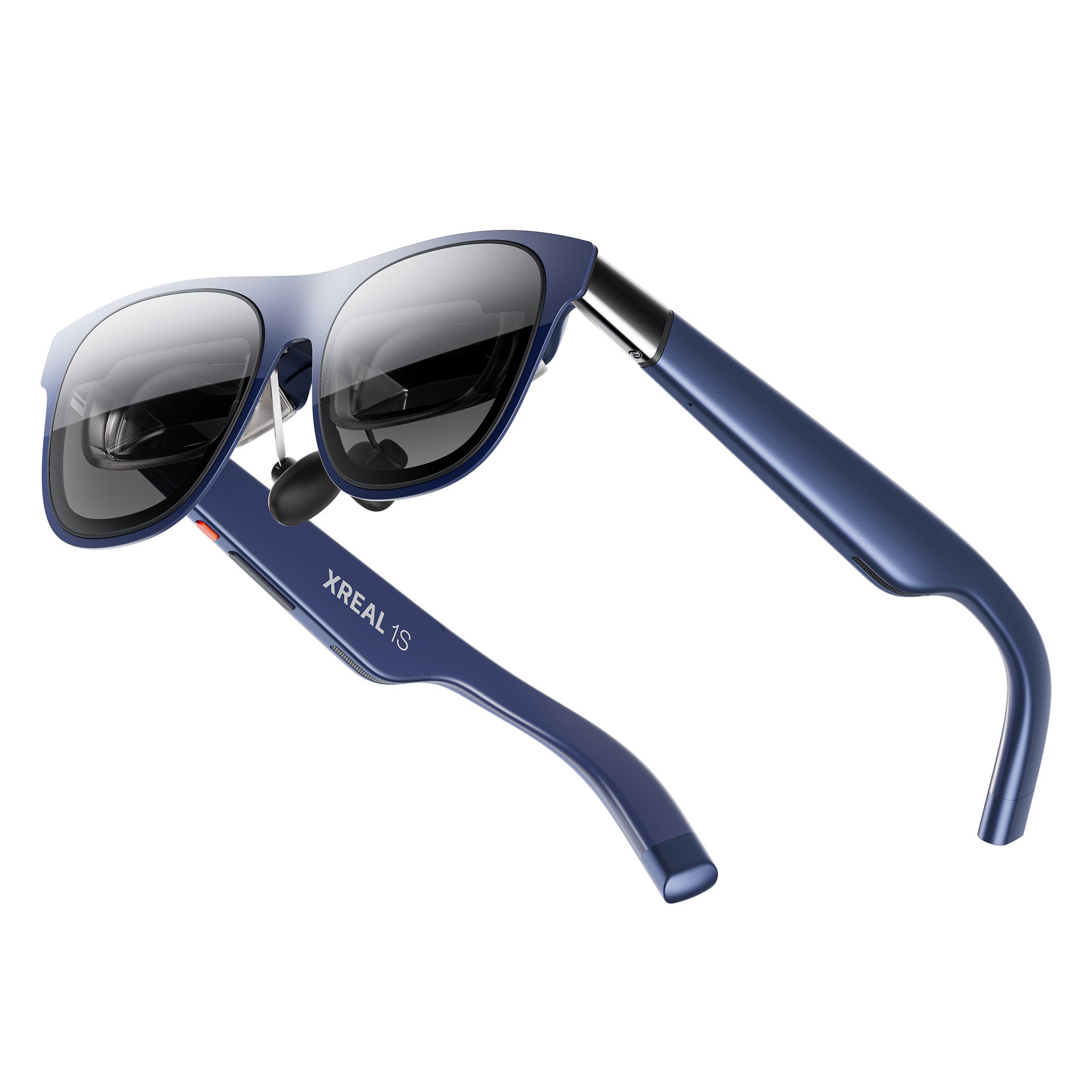 Blue XREAL 1S sunglasses with dark lenses shown on a white background.