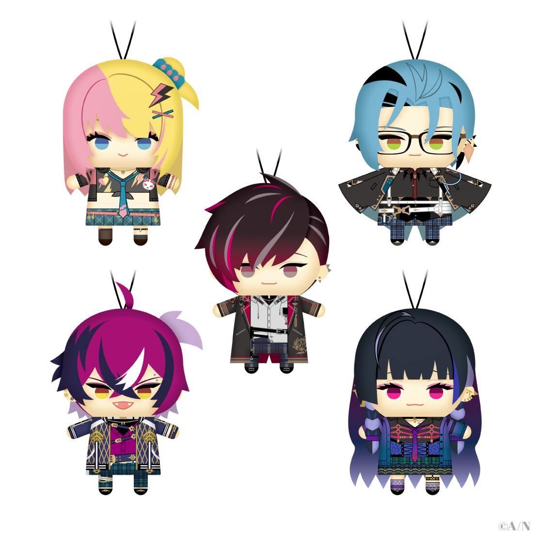 Five chibi-style plush keychain character designs with hanging loops shown on a white background.