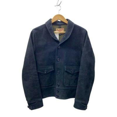 Front view of a black men's horse-leather jacket (size 38) hanging on a wooden hanger.