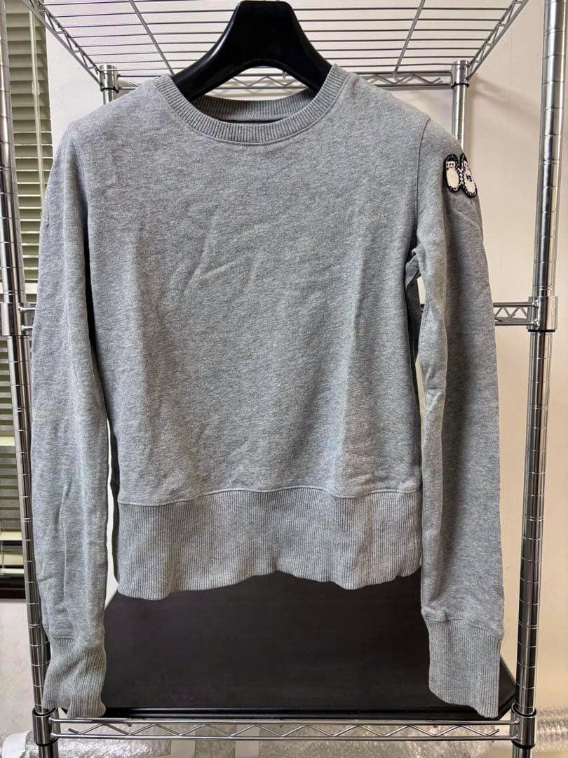 Gray cotton sweatshirt (size S) hanging on a hanger, front view showing long sleeves and a small embroidered patch on the upper sleeve.