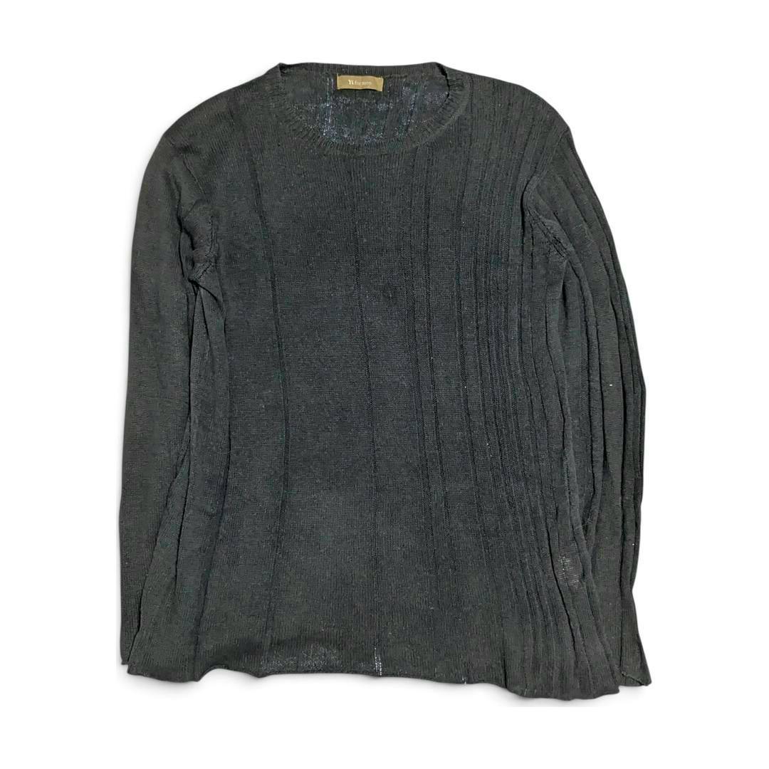 Flat-lay photo of a dark long-sleeve cotton knit sweater (Y's for Men) on a white background.