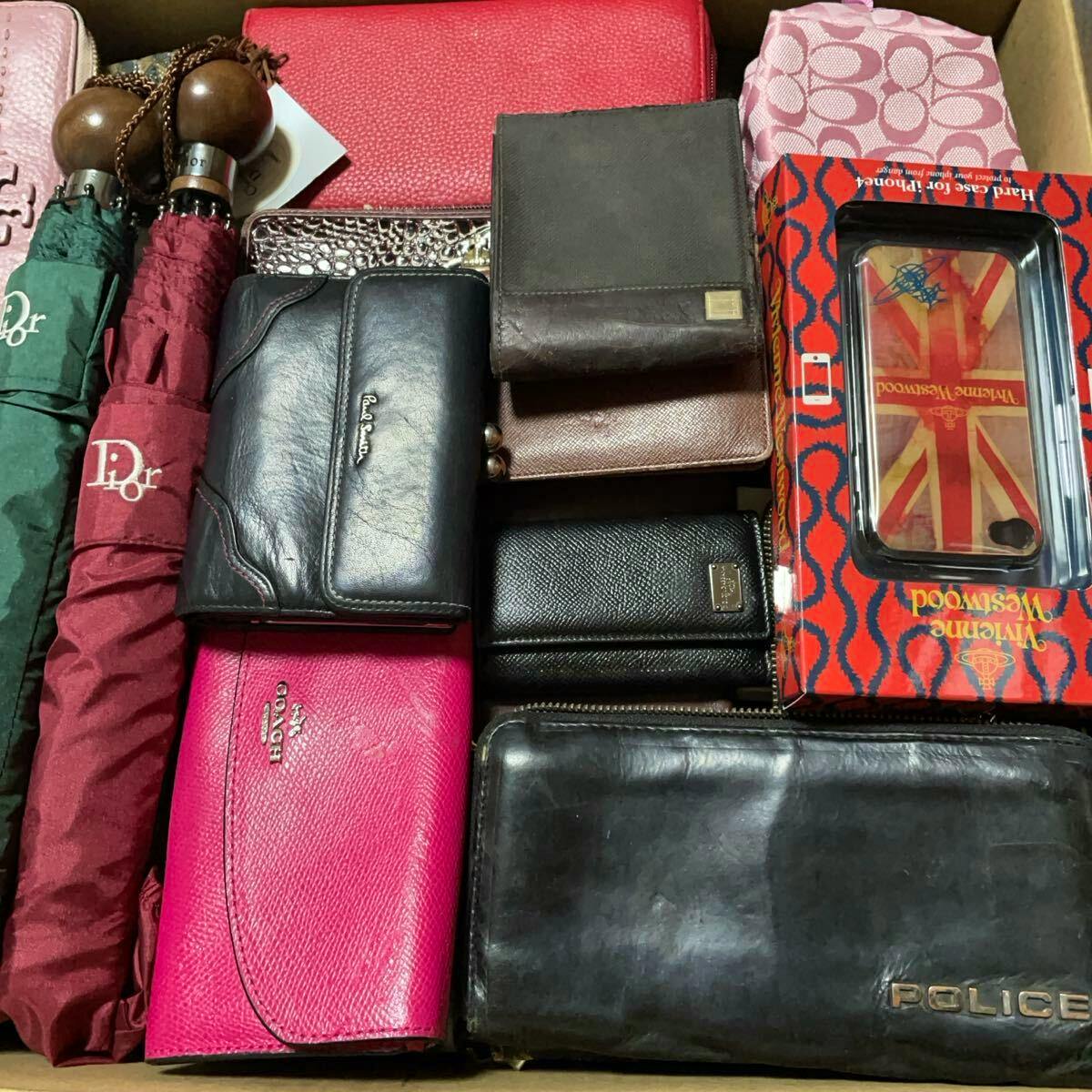 Top-down photo of a box containing assorted wallets and small accessories in a bulk set.