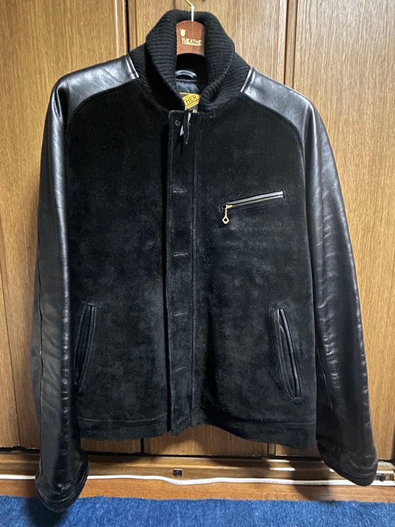 Front view of the Y2 LEATHER PB-136 men's cow leather jacket with black suede body and leather sleeves.