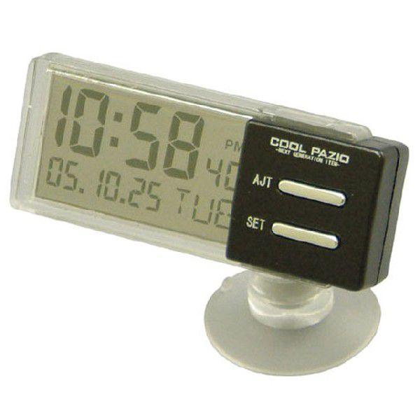Digital see-through car clock with a rectangular LCD display and a black control module mounted on a suction-cup base.